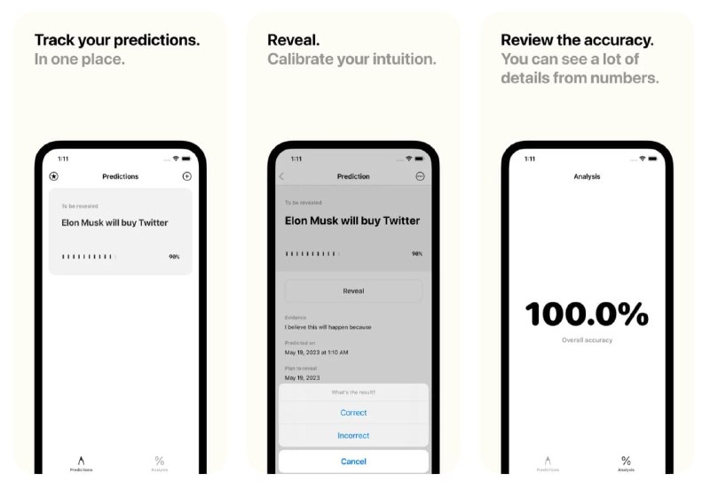 #iOS #AppForesee  —— 追踪你的预测🔮 这是一个可以帮助校准直觉和锻炼判断力的 APP，它叫 Foresee，你可以用它来设置任何对于世界的预测，并在未来揭晓预测结果的正确性🔜 在新建预测时，除了添加预测的内容，你还需要设置预测之事的发生概率（开发者 tufook 认为如果判断事情发生的概率小于 50%，则更适宜用「事情的反面」作为预测主体）、预测结果的论据、影响结果的风险和揭晓结果的时间