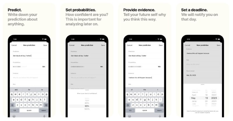 #iOS #AppForesee  —— 追踪你的预测🔮 这是一个可以帮助校准直觉和锻炼判断力的 APP，它叫 Foresee，你可以用它来设置任何对于世界的预测，并在未来揭晓预测结果的正确性🔜 在新建预测时，除了添加预测的内容，你还需要设置预测之事的发生概率（开发者 tufook 认为如果判断事情发生的概率小于 50%，则更适宜用「事情的反面」作为预测主体）、预测结果的论据、影响结果的风险和揭晓结果的时间