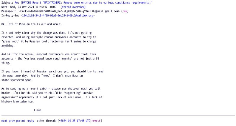 Linus最新言论引起开源社区质疑和严厉批评以“Linux之父”著称的Linus Torvalds在回应对于俄罗斯开发者不恰当处理的言论中被认为选择了最不恰当的方式回应质疑——攻击、侮辱和诋毁寻求他发声的开发者，以下引述原文
