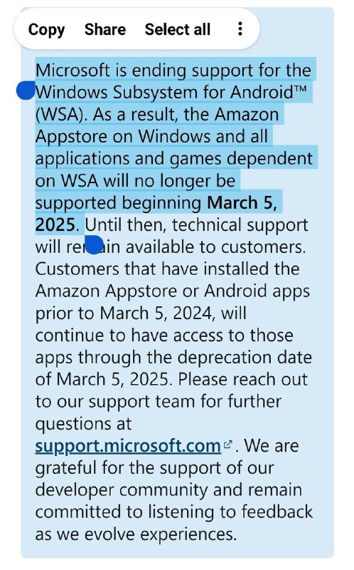微软将于 2025 年 3 月 3 日起，终止对 WSA (Windows Subsystem for Android) 的支持没想到吧？Windows 11 大力宣传的功能也能被微软大刀部盯上🙃来源